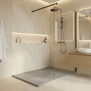 Ceramia PixL 140x90 cm receveur de douche rectangulaire &agrave; poser BMC avec surface effet pierre, gris clair (CERAPX14090LG)