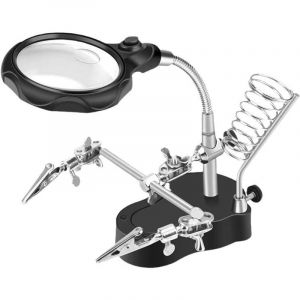 Troisieme Main Maquette avec Lampe Etabli LED, Loupe et Support Fer &agrave; Souder - Loupe 3X / 5X - 3 eme Main Ajustable avec Pinces Crocodiles