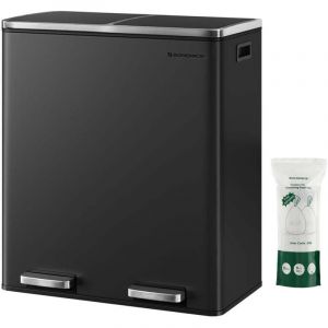 Poubelle 2 p&eacute;dales poubelle avec double compartiment 2 x 30 litres anti-traces de doigts inox seau int&eacute;rieur plastique avec poign&eacute;e noir