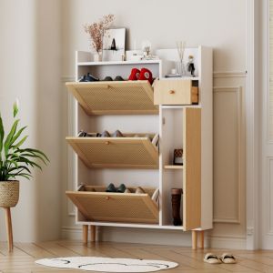 Meuble à chaussures en bois et rotin - 3 portes abattants et 1 tiroir - étagère réglable - Naturel & Blanc, 90x17x125 cm