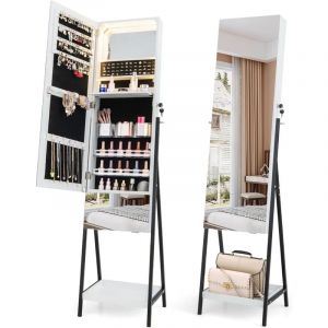 Armoire &agrave; Bijoux avec Miroir sur Pieds, Miroir Psych&eacute; hd sans Cadre, Verrouillable, Lumi&egrave;res led 3 Couleurs, &Eacute;tag&egrave;re de Rangement (Blanc) - Costway