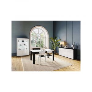 TMM - Salle à manger Noir/Blanc laqué à led - reve - Table de repas : l 160 x l 90 x h 70 cm Vaisselier : l 117 x l 47 x h 182 cm Buffet : l 180 x l