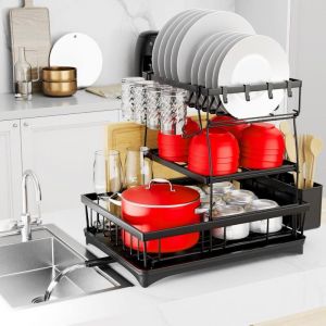 &Eacute;gouttoir &agrave; vaisselle &agrave; 3 niveaux pour comptoir de cuisine - Grand &eacute;gouttoir &agrave; vaisselle auto-drainant - &Eacute;gouttoir &agrave; vaisselle antirouille pour