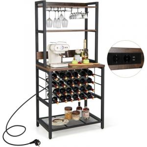 COSTWAY Casier &agrave; Vin Industriel de 24 Bouteilles, 4 &Eacute;tag&egrave;res de Rangement, Porte-Verre, Porte Bouteilles, Prises de Courant, 2 USB, pour Bar,