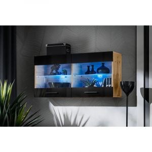 Komodee, Vitrine Armoire Savona, Wotan/Noir, Largeur 100 cm x Hauteur 50 cm x Profondeur 30 cm, sans LED, 2 &eacute;tag&egrave;res, pour Salon, Chambre, Entr&eacute;e,