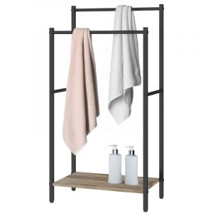 Porte-serviettes Relaxdays avec tablette, H x L x P : 80 x 43 x 28 cm, aspect bois, 2 barres, sur pied, bois/noir