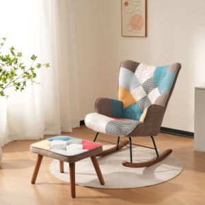 Tanant - Rocking chair, Fauteuil à Bascule en tissu - Rocking chair confortable avec repose-pieds, design patchwork, style scandinave, dossier