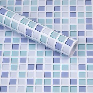 Papier Peint Carrelage Autocollant Bleu 61x300 cm Style Mosa&iuml;que Sticker Mural Film D&eacute;coratif Imperm&eacute;able pour Carreaux de Mur de Salle de Bains et