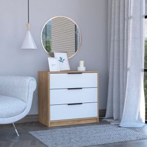 Commode Kaia à 3 tiroirs, avec poignées métalliques blanc/miel
