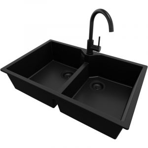 Primagran - Evier Cuisine en Granit 78x50cm, Lavabo 2 bacs + Robinet 32x20cm + Kit de Vidage, &Eacute;vier &agrave; Encastrer au meuble 80cm - Madrid Twin, Tout