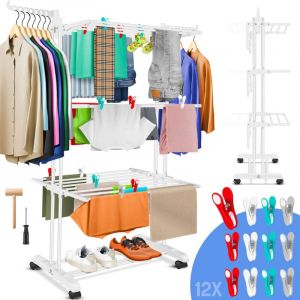 KESSER® Séchoir à linge tour avec roulettes Séchoir à linge peu encombrant pour l'intérieur et l'extérieur 4 étages 2 ailes latérales pivotantes et 6