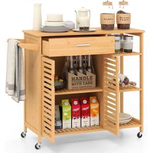 Costway - Desserte de Cuisine à roulettes en Bambou, Chariot de Rangement avec Tiroir, 3 Étagères Ouvertes et Armoire 2 Portes à Lattes, Salon,