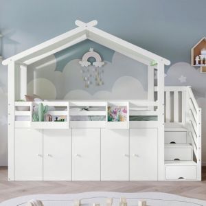 Lit superpos&eacute; enfant avec armoire - Rangement int&eacute;gr&eacute; (escalier, casiers) - Barri&egrave;re de s&eacute;curit&eacute;, 90x200cm, blanc/vert (sans Matelas)