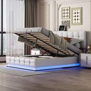 Nmonet - Lit coffre 140x190 cm avec éclairage led, sommier à lattes, tête de lit relevable, cuir pu, lit adulte capitonné - Blanc