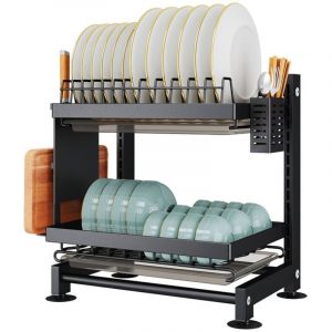 Egoutoire Vaisselle Cuisine &agrave; 2 Niveaux, &Eacute;gouttoir Vaisselle Noir, &Eacute;gouttoir Vaisselle en INOX, &Eacute;gouttoir &agrave; Vaisselle avec Porte-ustensiles et bac
