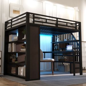 REDOM Lit mezzanine 140x200 cm avec bureau bandeau lumineux LED et escalier avec rangements structure en fer noir (sans matelas)
