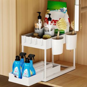 Wyctin - Hofuton Rangement sous Evier 2 Niveaux, Étagère sous Évier avec 4 Crochets, Coulissant Organiseur sous Évier Etagere Tiroir pour Cuisine