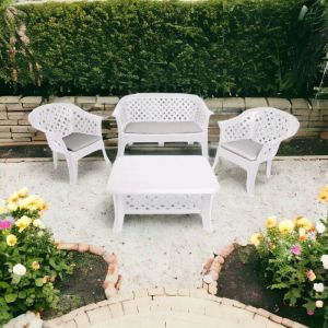 Set salon d'extérieur Dante, Ensemble de jardin composé de 2 fauteuils, 1 banc et 1 table basse, Coin salon intérieur et extérieur, 100% Made in