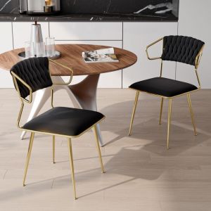 Ensemble de 2 chaises de salle &agrave; manger, Dossier rond avec motif tress&eacute; en &eacute;cailles, pieds dor&eacute;s, tissu velours, pour bar, salon, salle &agrave; manger ou