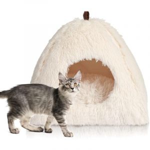 Chat Lit Coussin pour Chat avec Oreiller Doux lit de Chat Panier Lit pour Chat Lavable en Tissu Peluche Couffin Chien Beige (40 x 40 x 37 cm)