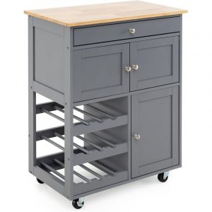 GOPLUS Desserte &agrave; roulettes avec Grand Espace de Rangement, Plan de Travail, Ilot Central Cuisine en Bois avec Casiers &agrave; Vin 3 Niveaux pour 9
