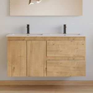 Meuble de salle de bain 120cm double vasque - 2 portes et 2 tiroirs - sans miroir - roble nudos (ch&ecirc;ne clair) - ROSIE