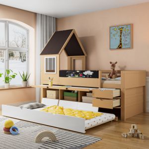 Lit mezzanine enfant 90x200-90x190cm, 2 tiroirs, avec table extensible, lit gigogne, mdf, sans matelas, marron