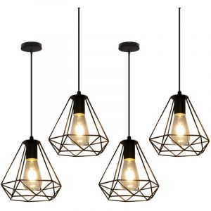 E27 M&eacute;tal Suspension Luminaire Lampe Industrielle Vintage Plafonnier Luminaire Cage Diamant Pendant Eclairage Noir 4PCS