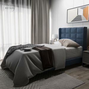 Retrok - Lit capitonné design moderne avec sa tête de lit capitonnée lit simple avec sommier à lattes, 90x200cm, en lin bleu, mi-ferme (sans matelas)