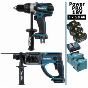 Makita - Pack Power pro 18V: Perceuse 91Nm DDF458 + Perforateur 2J DHR202 + 3 batt 5Ah + 2 Coffrets Makpac