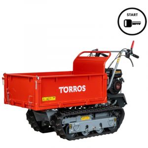 Brouette motorisée essence à chenilles surélevées et benne plateau basculante à ridelles 600KG 6,5CH 3+1R vitesses démarrage électrique Torros