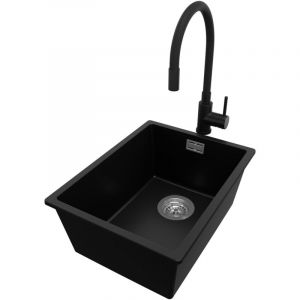 Primagran - Evier Sous Plan 36x47cm, Evier en Granit 1 bac + Robinet 40x38cm + Kit de Vidage, &Eacute;vier au meuble 40cm - London, Noir