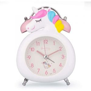 R&eacute;veil pour enfants horloge silencieuse avec veilleuse et alarme forte &agrave; P&ocirc;les mignon licorne double cloches horloge (blanc)-Fei Yu