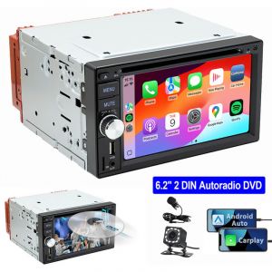 Autoradio 2 DIN filaire Carplay Android Auto avec DVD/CD cam&eacute;ra FM AM RDS USB Bluetooth 6.2" CAM MIC