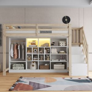 Lit mezzanine 90x200 avec rangements, placard avec tringle, armoire, &eacute;tag&egrave;res multiples, escalier lat&eacute;rale avec rangement et bande LED - Naturel et