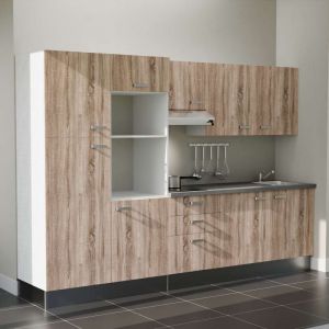 Cuisibane - Kitchenette K46L-PT - 300 cm - plan stratifié, évier inox, - Façade Bois - Plan Gris béton - Evier Inox - Crédences Non + Electroménager