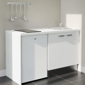 Cuisibane - Kitchenette K17L-PT - 140 cm avec plan de travail et évier - Façade Blanc - Plan Blanc - Crédences Non