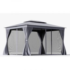 Pergola Jardin Exterieur 3 x 4 m, Tonelle Jardin Stable avec Cadre Métal, 8 Piquets, Pavillon Résistant à l'eau avec Toit Double, Parois Latérales,