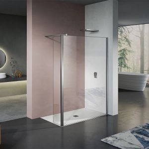 Grand Verre - Paroi de douche italienne avec retour pivotant 50cm et barre de fixation 90cm en alu chrom&eacute; 50x200