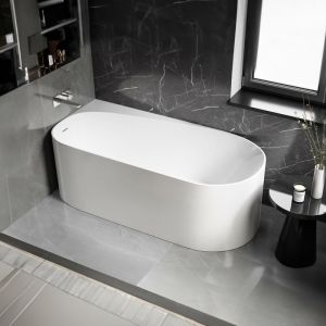 Bernstein - Baignoire d'angle semi-îlot Acrylique Ovale Moderne pour Salle de Bain avec Bonde et trop plein - Blanc - Garantie 5 ans - 170x78x58cm