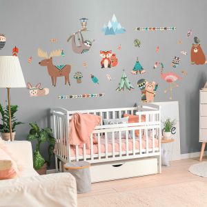 Ambiance-sticker - Stickers muraux enfants - Autocollant mural g&eacute;ant enfant montagnes scandinaves animaux des montagnes et plumes indiennes - 60x90cm