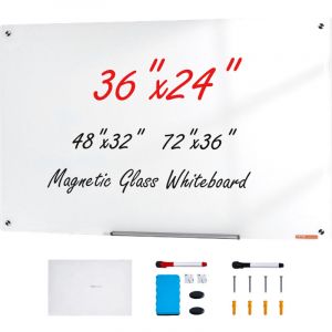 Mophorn - vevor Tableau Blanc Magnetique en Verre Effacable a Sec 90 x 60 cm, Grand Tableau Memo Mural sans Cadre, avec Plateau de Marqueurs, un