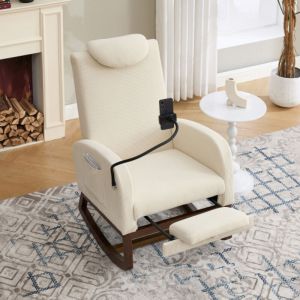 Rocking chair, fauteuil &agrave; bascule en velours avec repose-pieds, dossier haut, poche lat&eacute;rale, support pour t&eacute;l&eacute;phone portable, beige