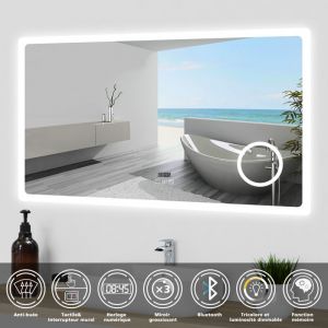 Ocean Sanitaire - Ocean led Miroir de salle de bain tactile 120x70cm avec Horloge Loupe Bluetooth 3 Couleurs Dimmable Anti-bu&eacute;e et M&eacute;moire