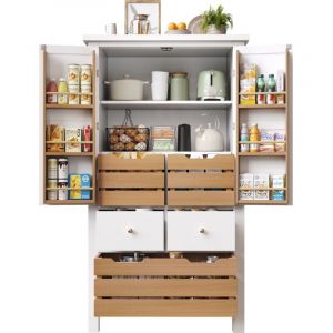 Colonne de cuisine 80x40x140cm - 2 portes et 5 tiroirs - MDF + Panneaux de particules - Blanc + Naturel