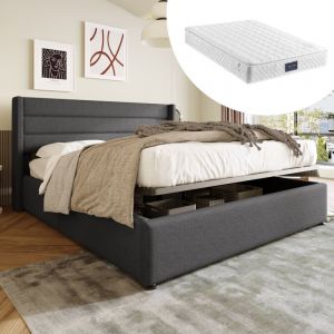 Lit coffre adulte 160x200cm, hydraulique, sommier à lattes en bois, lin, gris, avec matelas