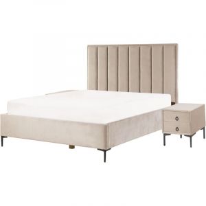 Ensemble de Chambre Lit Coffre Double 160 x 200 cm et 2 Tables de Chevet en Velours Taupe Sezanne