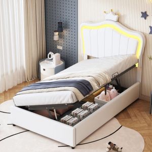 Modfu - Lit coffre 90x200cm, lit simple led, simili cuir, t&ecirc;te de lit r&eacute;glable en hauteur, lit enfant, sans matelas, blanc