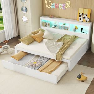 Canapé-lit pour enfant, lit double led avec lit gigogne 90x190cm, panneaux de particules, usb, sans matelas, blanc, 140x200cm