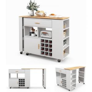 Ilot Central de Cuisine2 en 1, Meuble de Bar, Desserte sur roulettes avec Plans de Travail en Bois d'Hévéa, Étagère Réglable, Casier à Vin pour 12
